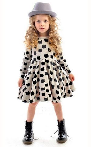 F68095 baby girl long sleeve cotton casual dress  black cat printed party skirt